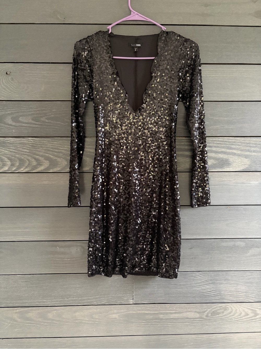 Express Black Sequin Deep V Long Sleeve Mini Dress